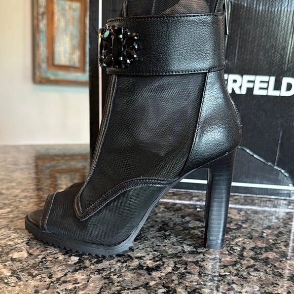 Karl Lagerfeld Black mesh Heeled Boots with Peep-Toe Design NWT 5.5 - Picture 12 of 16